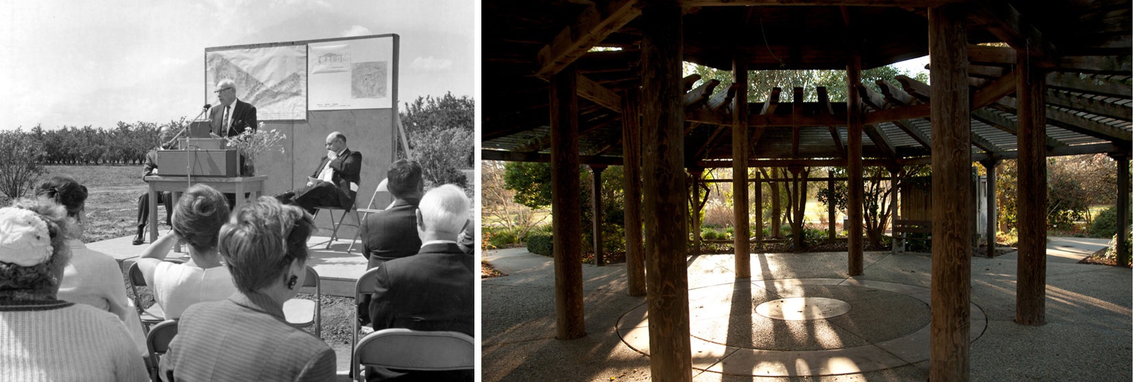 Man talks at a podium and a gazebo