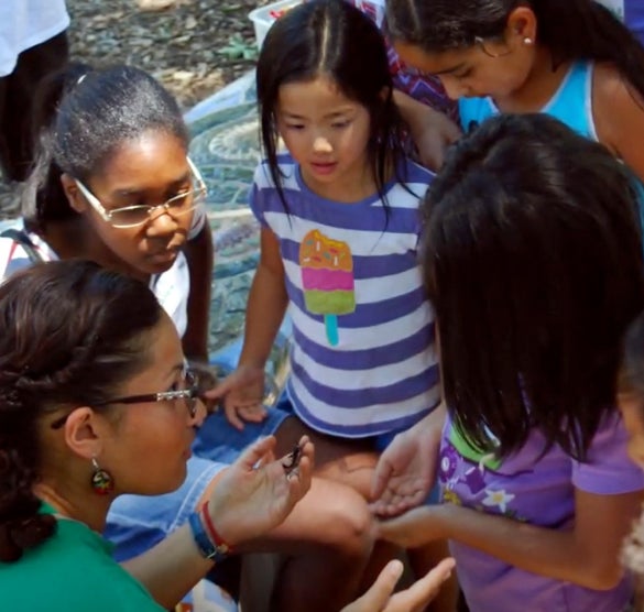 Young children look at a UC Davis student