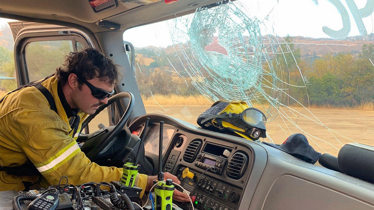 Firefighter inside truck