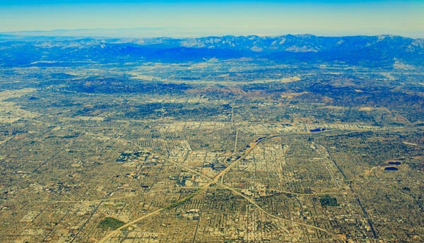 Aerial view of Southern California roads and urbanized habitat