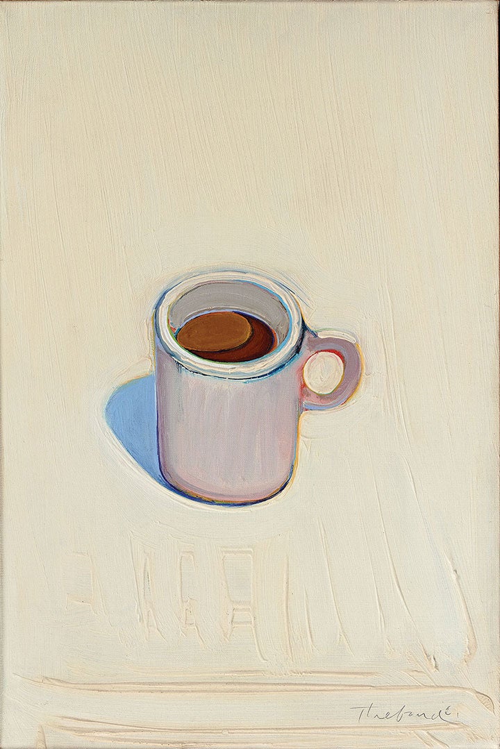 Oil painting of a coffee mug filled with coffee