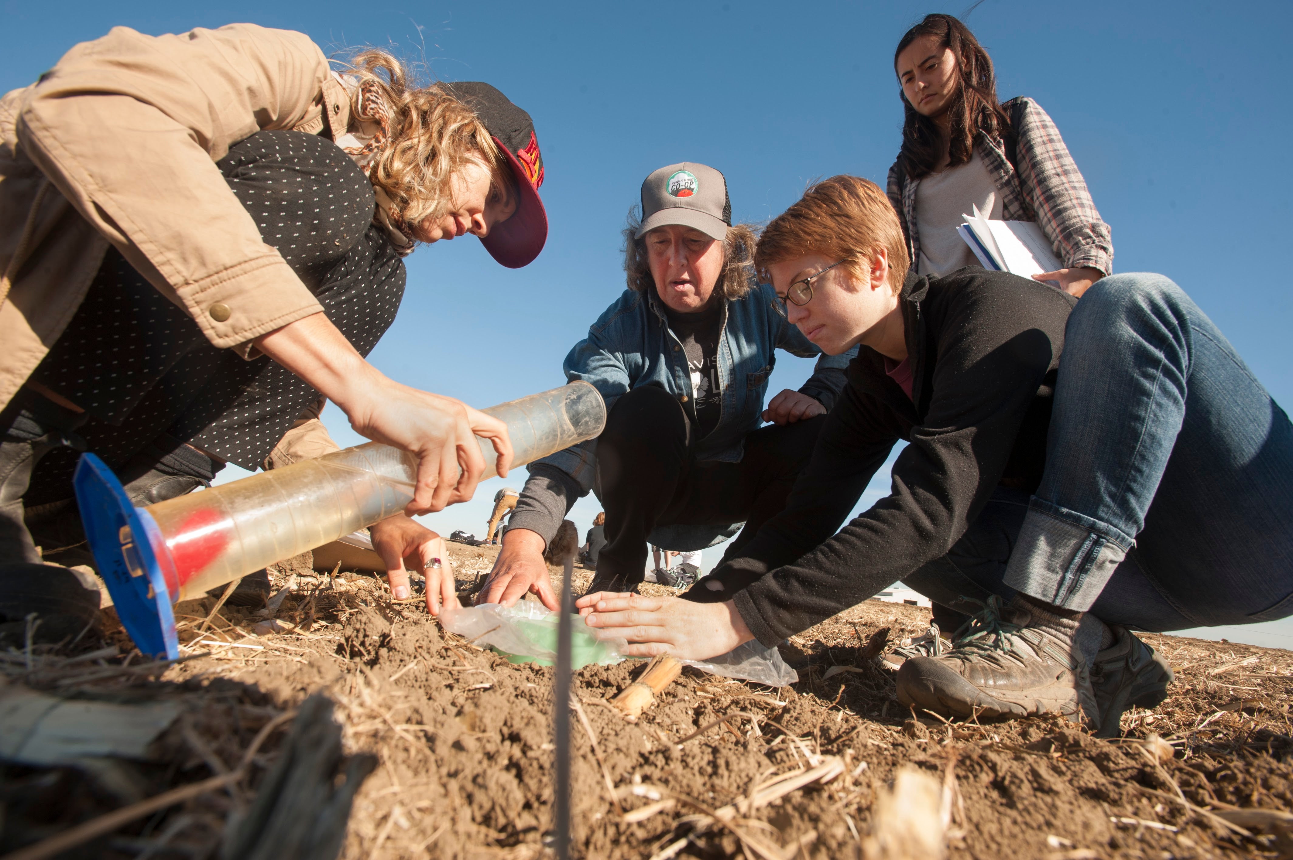 In an outdoor field setting, three students and a professor dig into the soil to examine its health. Two students work with the professor on the ground while another student observes, holding a clipboard. 