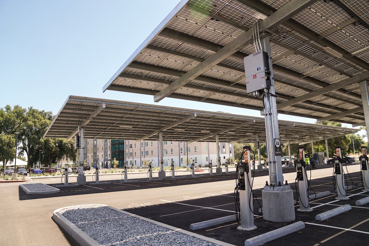 Solar panels cover the parking lot at UC Davis' Orchard Park housing