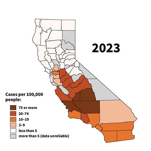 Map shows valley fever cases in California by county in 2023