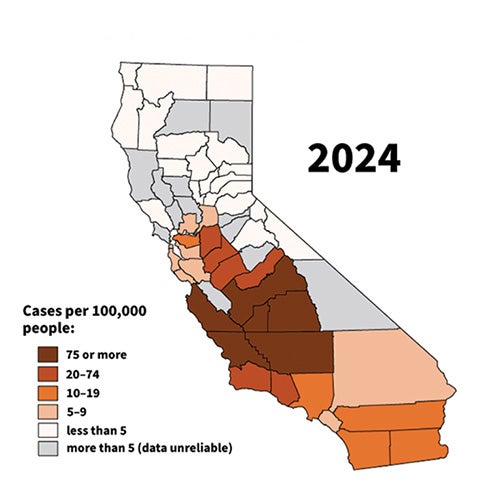 Map shows valley fever cases in California by county in 2024