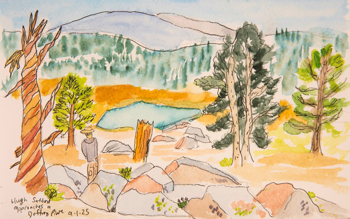 Ink and watercolor sketch of man in hat looking at mountains and pine trees with rocks and boulders on the ground in shades of peach, green and sienna. 
