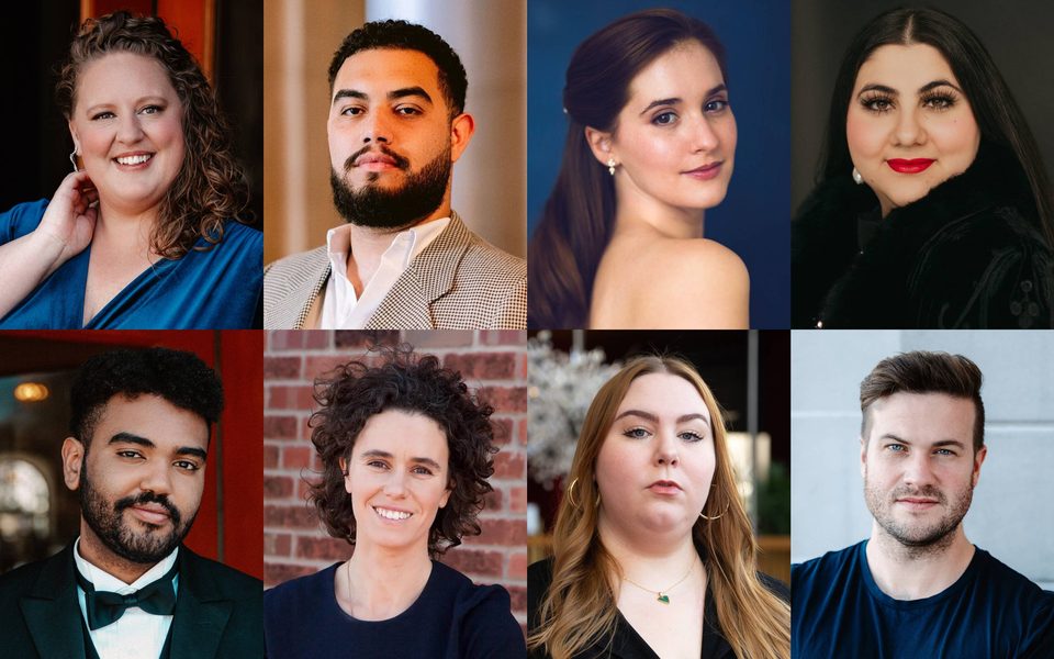 Group portrait featuring eight individuals with diverse appearances and expressions.