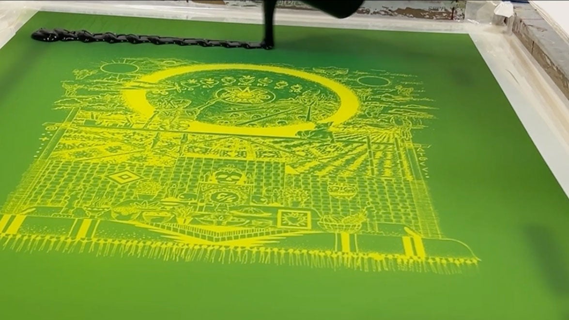 Art print in progress, in green, yellow and black