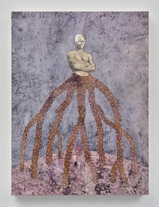 artwork of man figure in interpretational skirt-shaped figure