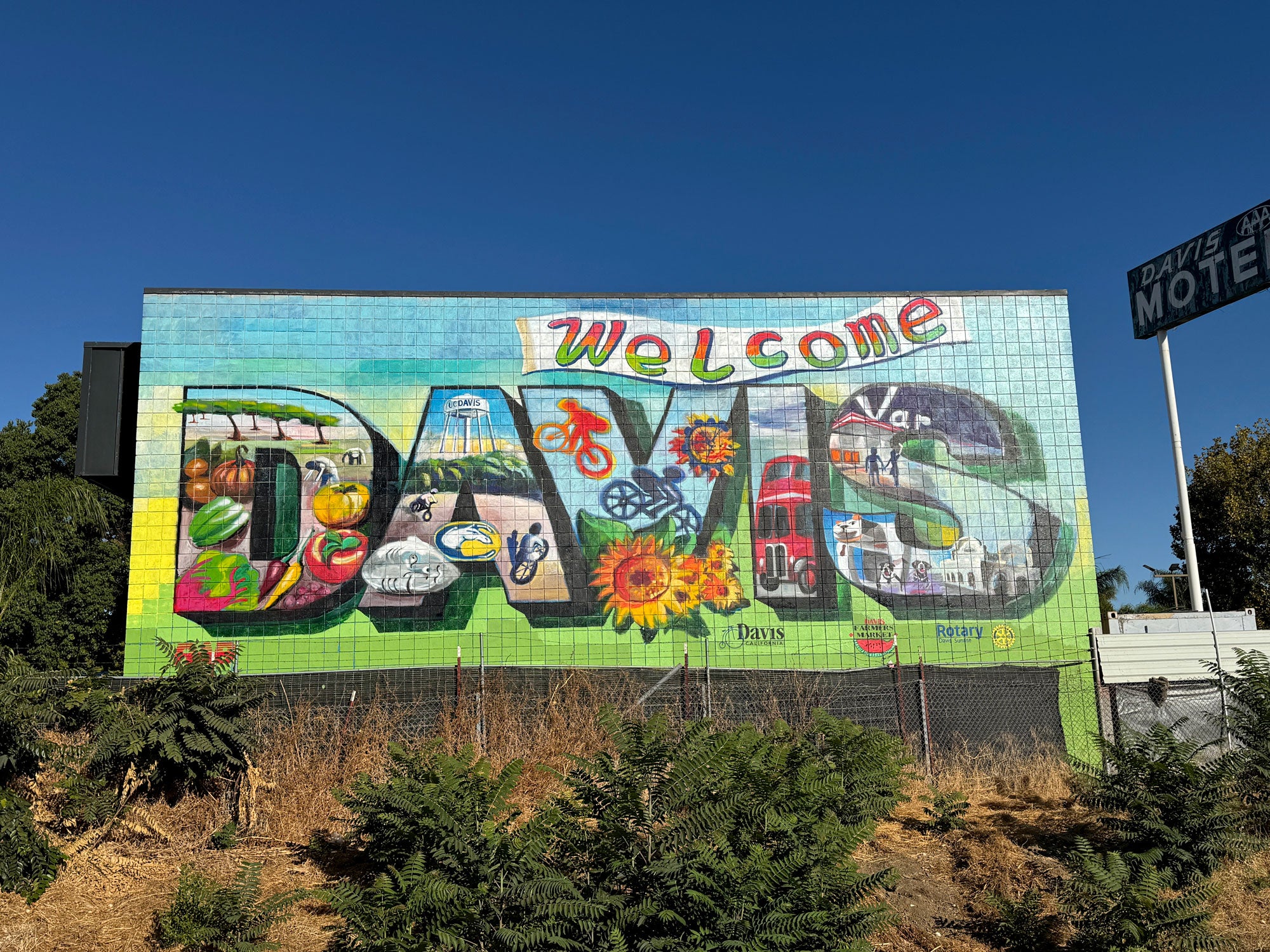mural of Welcome to Davis on wall, multiple colors