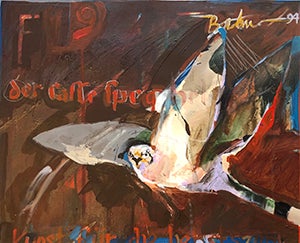 Hawk on reddist background, art