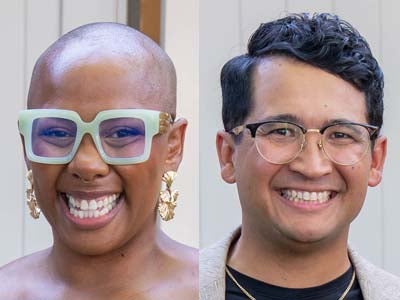 Two smiling headshots: woman with mint glasses and gold earrings; man with dark hair and glasses