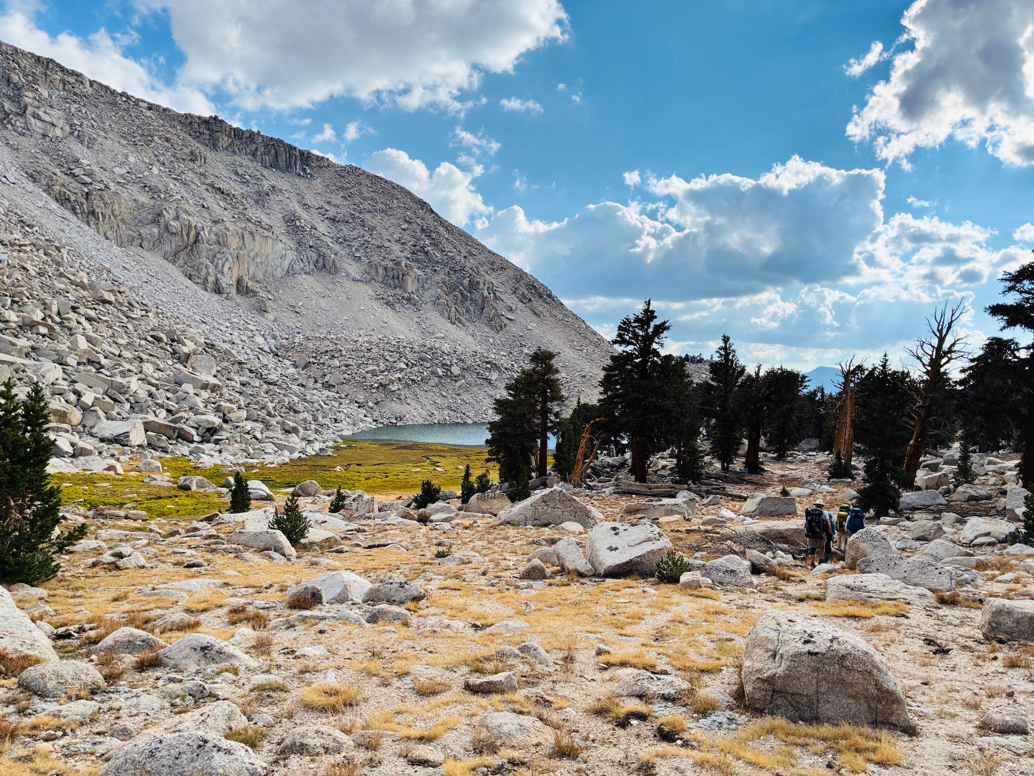 Hikers walk across Sierra Nevada landscape doted with a few dark green pine trees, mountain slope, deep yellow meadow, and lake