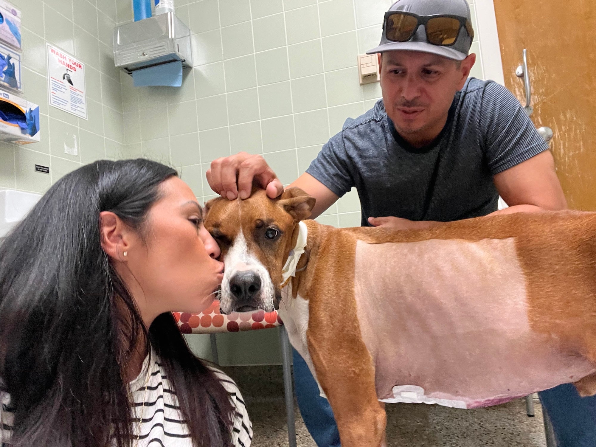 Rosemary and Omar Rios and their dog Cooper, a 4-year-old boxer mix with valley fever, after heart surgery at UC Davis Veterinary Medical Teaching Hospital. (Courtesy Rosemary Rios)
