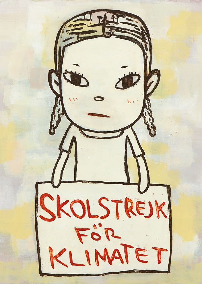 Drawing of student holding "strike" poster