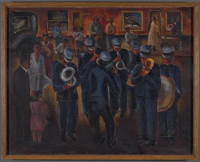 Painting of a Harlem jazz club with musicians and patrons in 1934