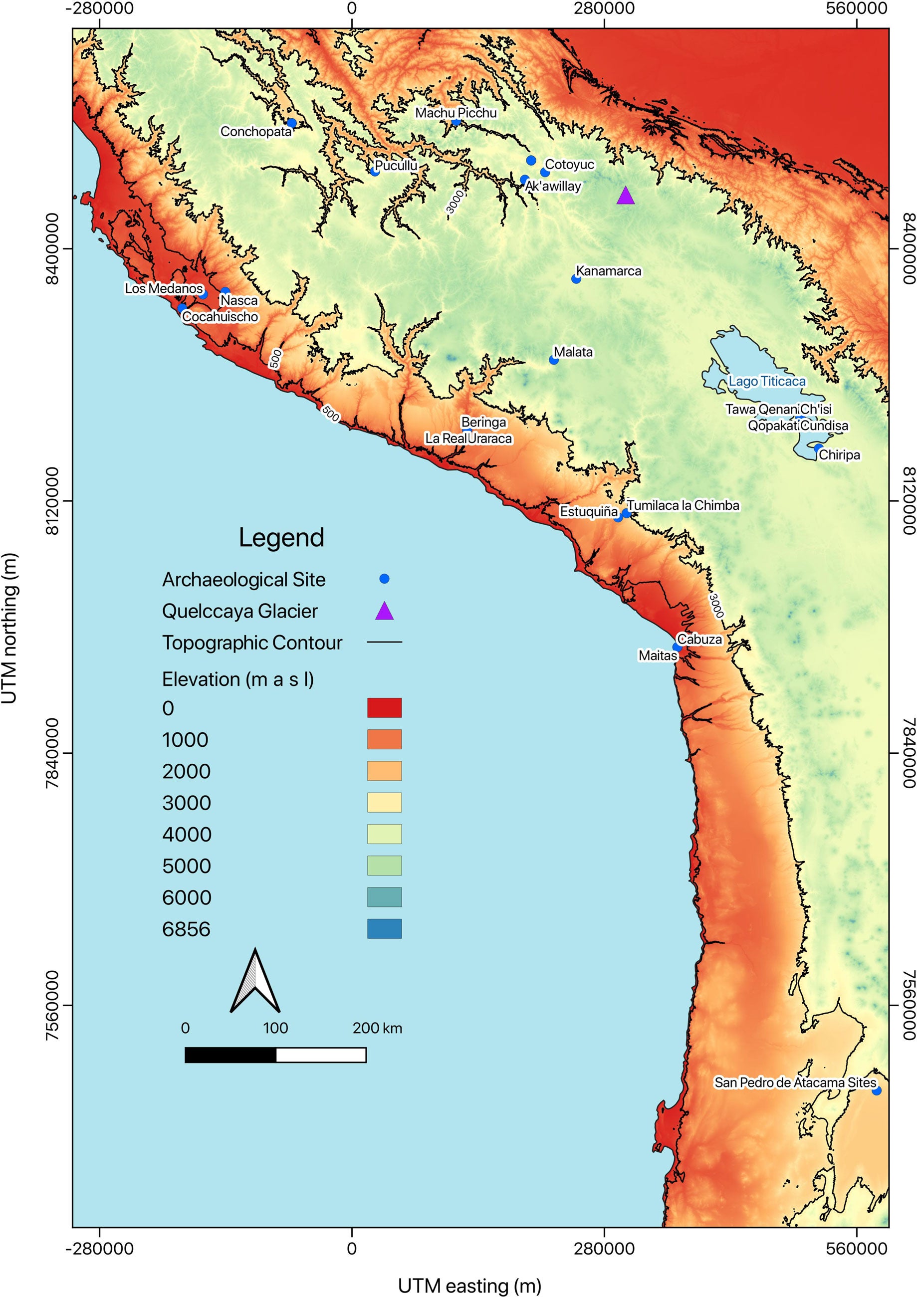 Map of area in Andeas with topographical contours shown in colors