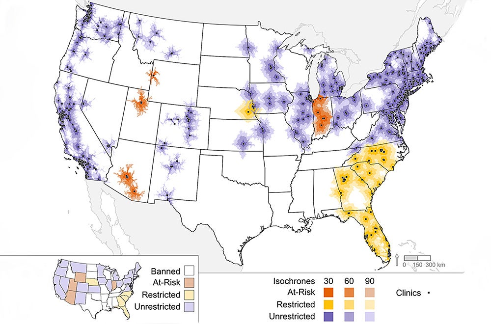 U.S. map showing color-coded driving distances 