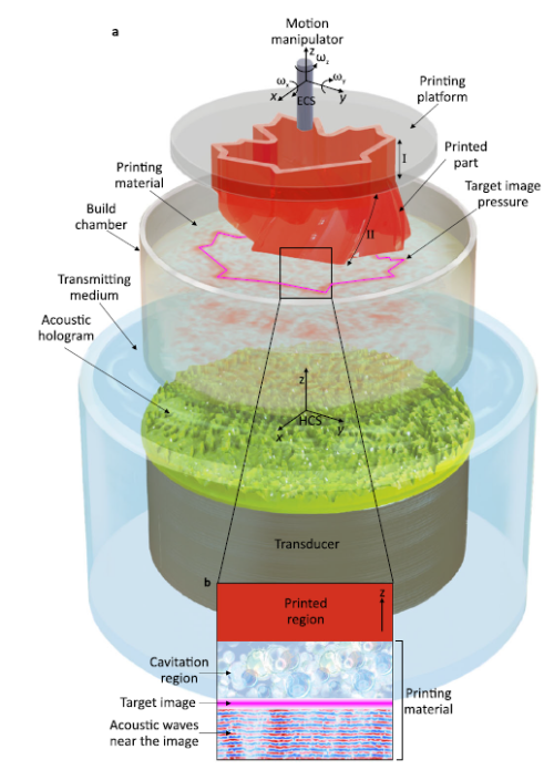 Schematic with a stack of translucent cylinders. In the topmost cylinder, an irregular red shape can be seen in the center. 