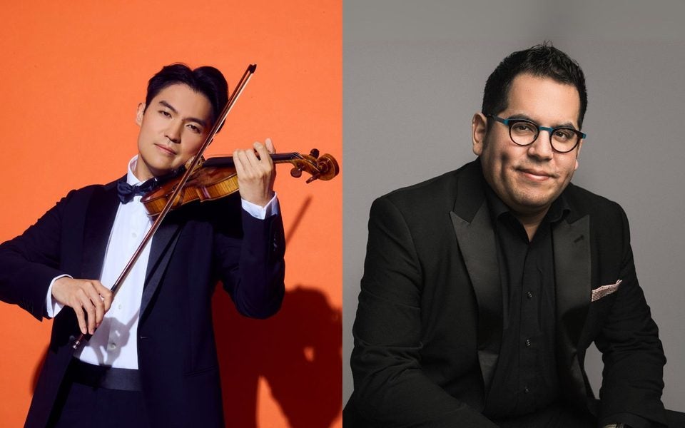 men in duo photograph, left one with instrument on orange background