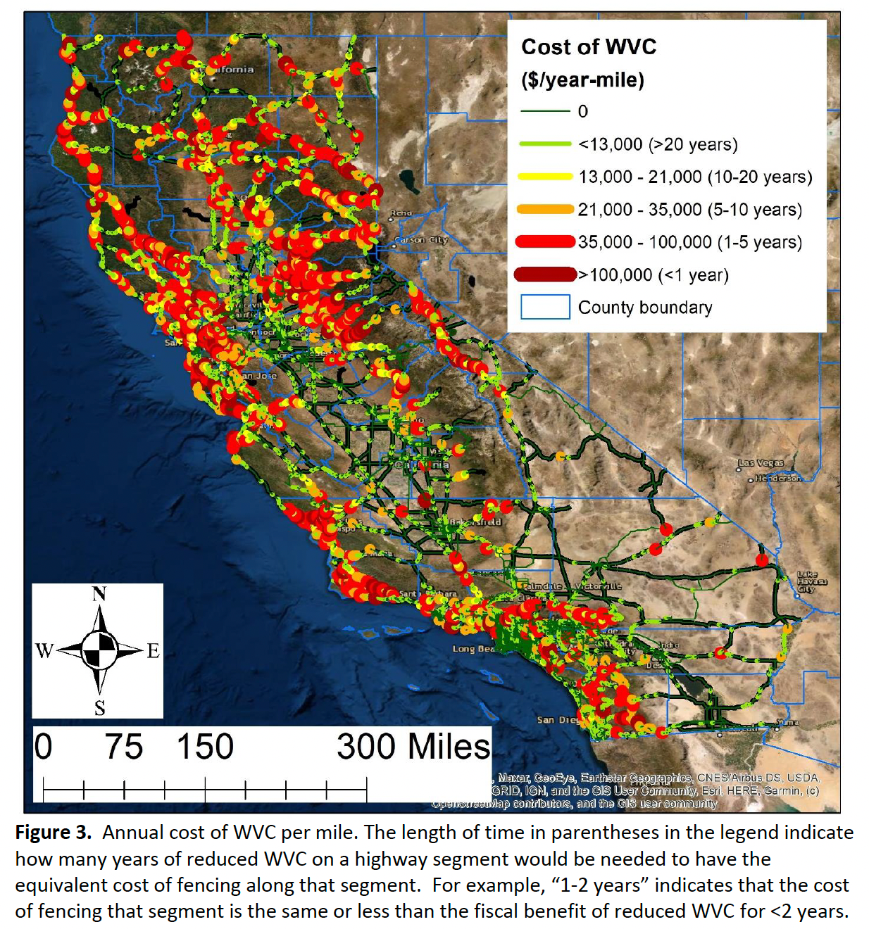Map of California indicating the costs of wildlife-vehicle collisions on specific roads