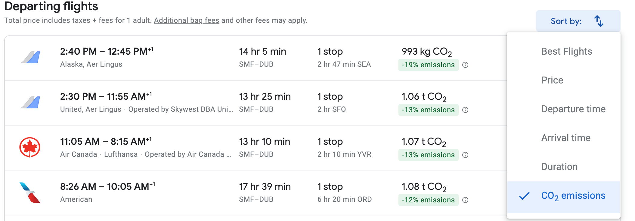 screen grab of Google Flight options for San Francisco to Ireland