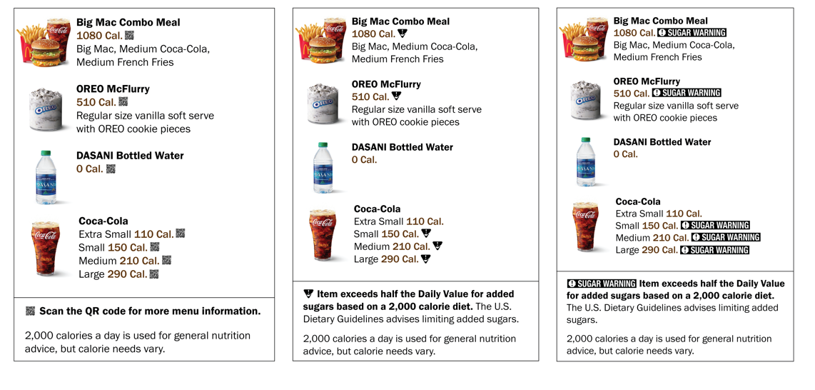 Restaurant menu items with sugar content listings