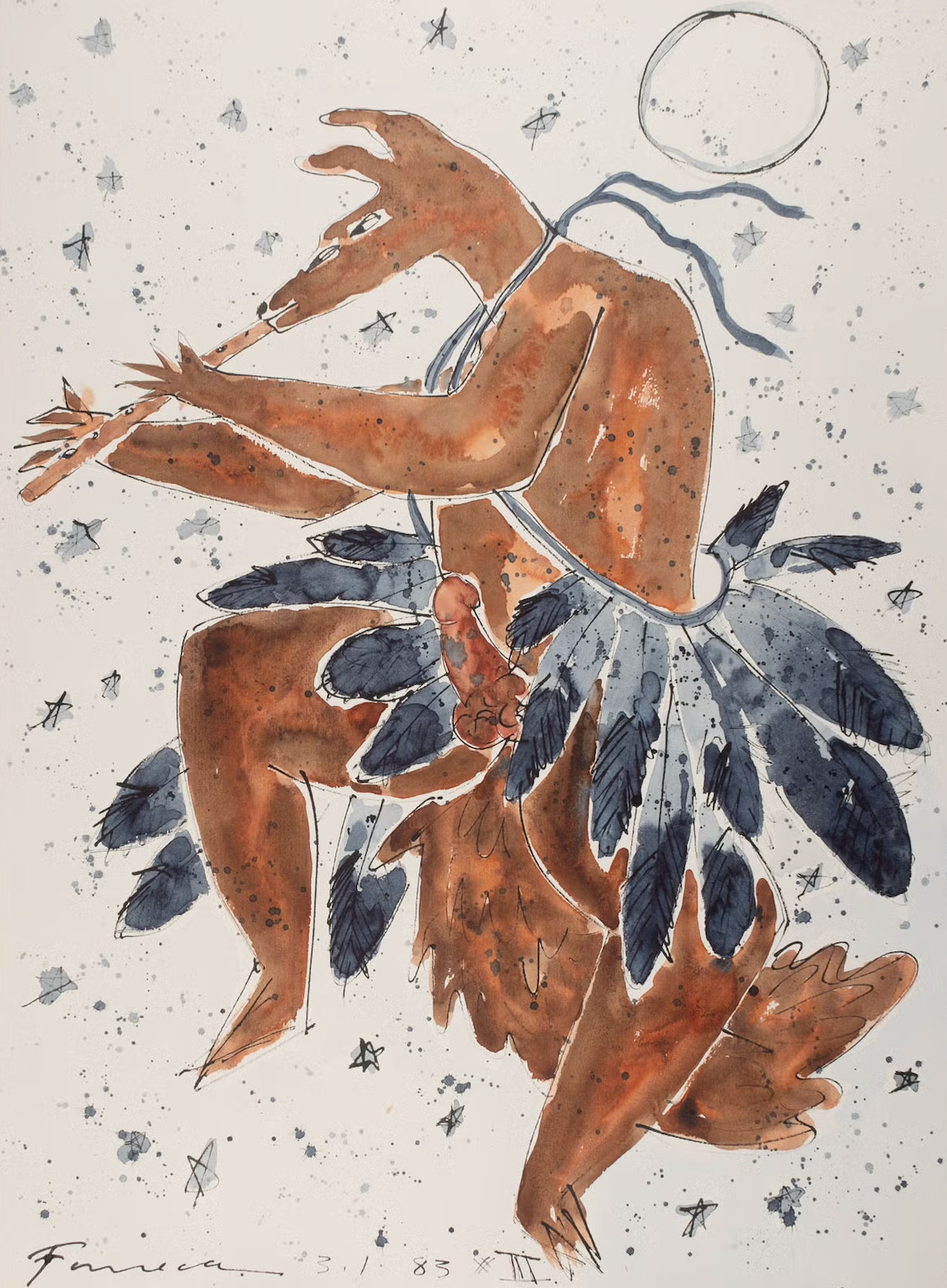Coyote dancer with flute #III, 1983, Acrylic wash/paper. (Courtesy/Gorman Museum of Native American Art).