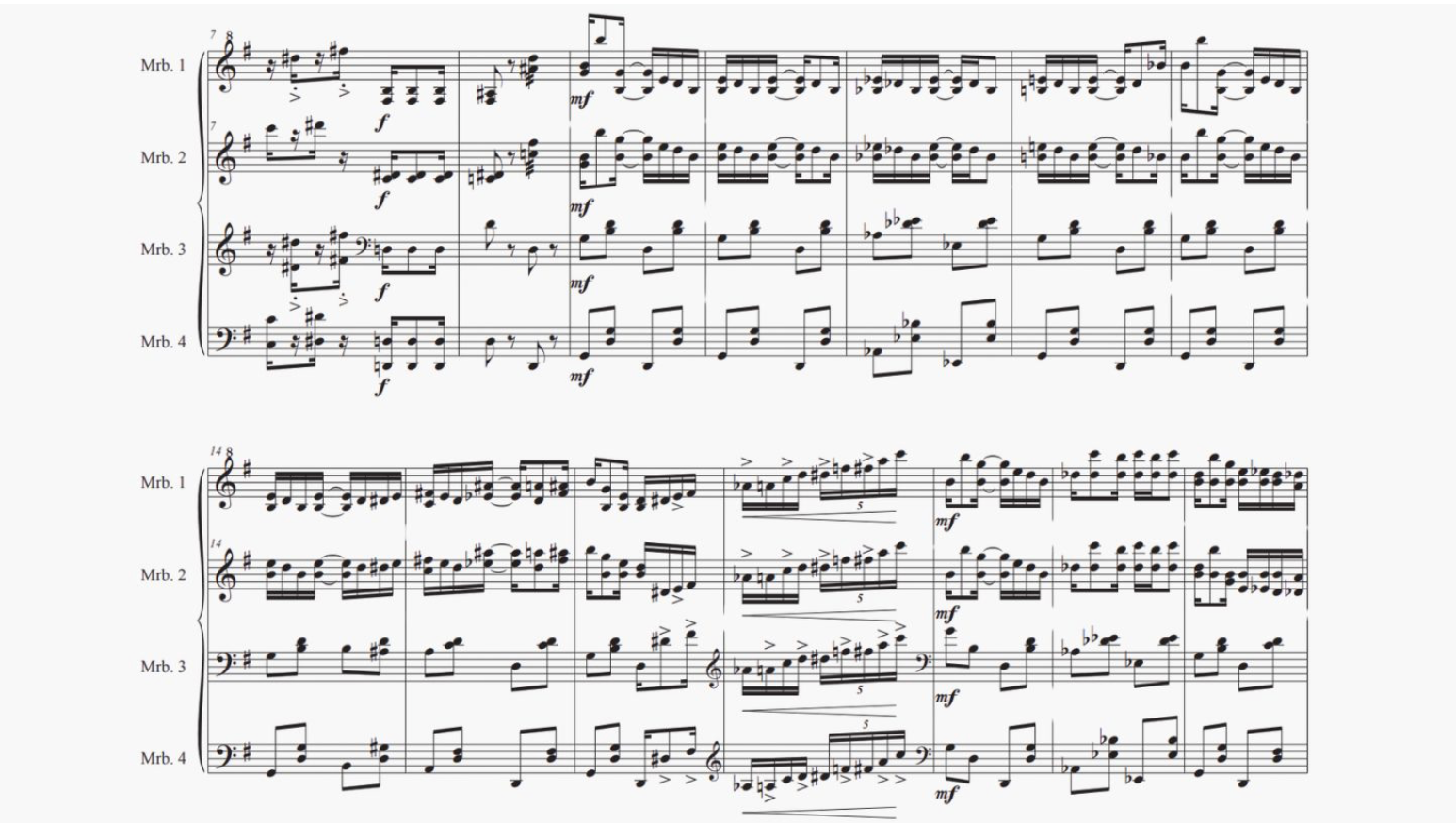 Picture: Excerpt from the score for Three Ragtime Pieces for Marimba Quartet, composed by Dolores White (1932-2023).