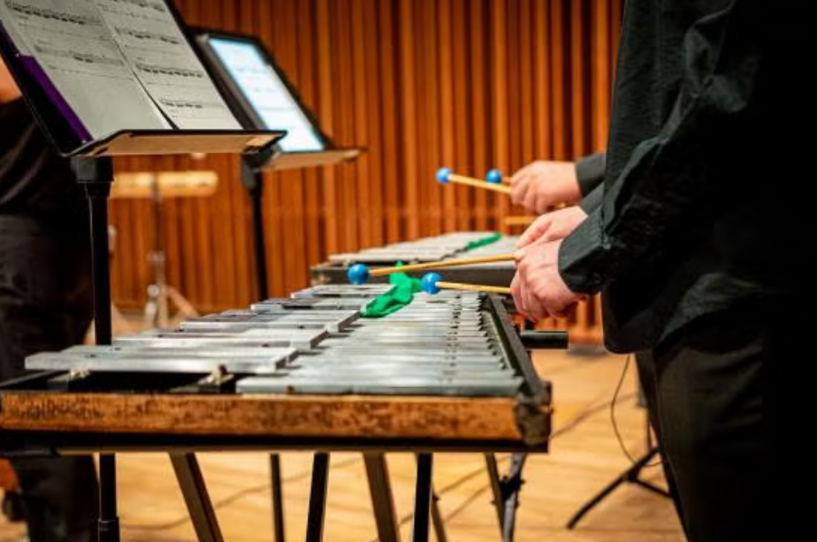 Student percussionists with glockenspiels. (Carol Kepler/UC Davis)