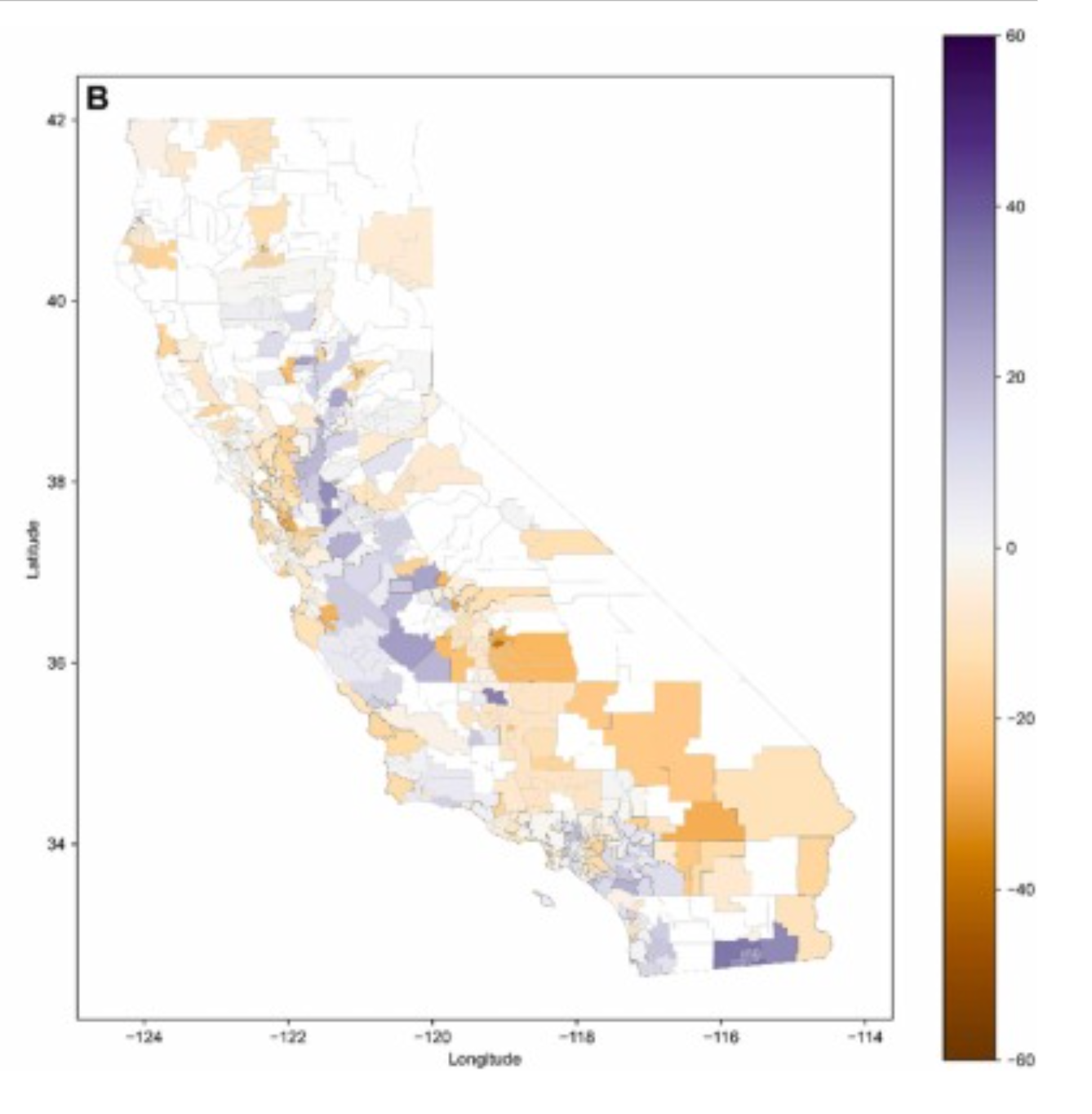 A map of California in shades of blue and orange show the percent change in tree canopy cover at urban school districts between 2018 and 2022. 