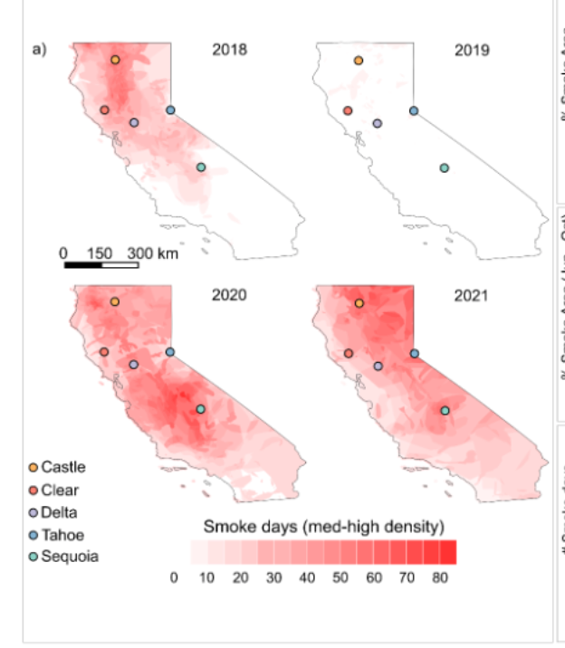 a scientific figure shows 4 outlines of the state of california with varying degrees of red indicating smoke density coverage over 5 lakes (Castle, Clear, Delta, Tahoe and Sequoia) for each year 2018, 2019, 2020 and 2021