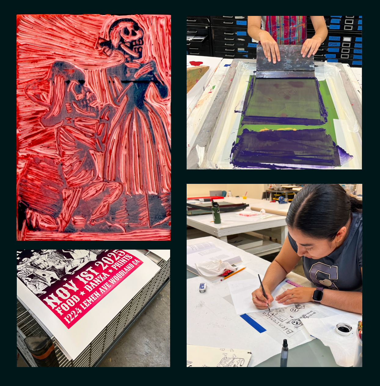 a four-image collage of silkscreened posters and their creation inside a studio setting.