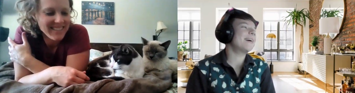 A video call between Grace Boone and a cat owner during a teleadvice video chat.