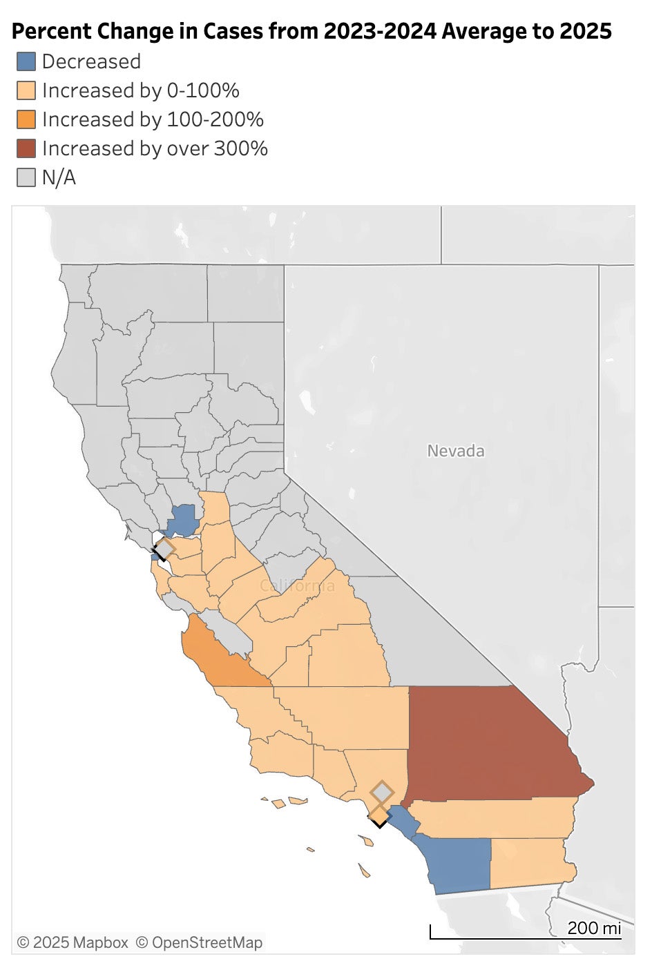 A map showing the percentage of valley fever cases in California by county from 2023-2024 average to 2025. The darker shaded counties had larger increases in cases. (California Department of Public Health)