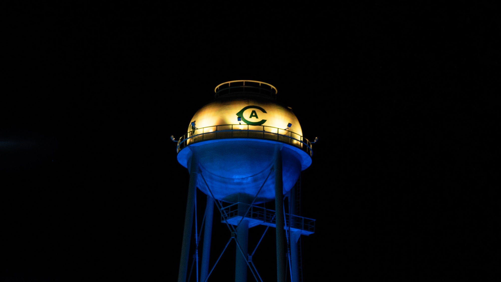 Tower is lit at night