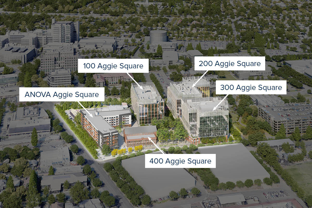 Map of Aggie Square with the building addresses labeled 
