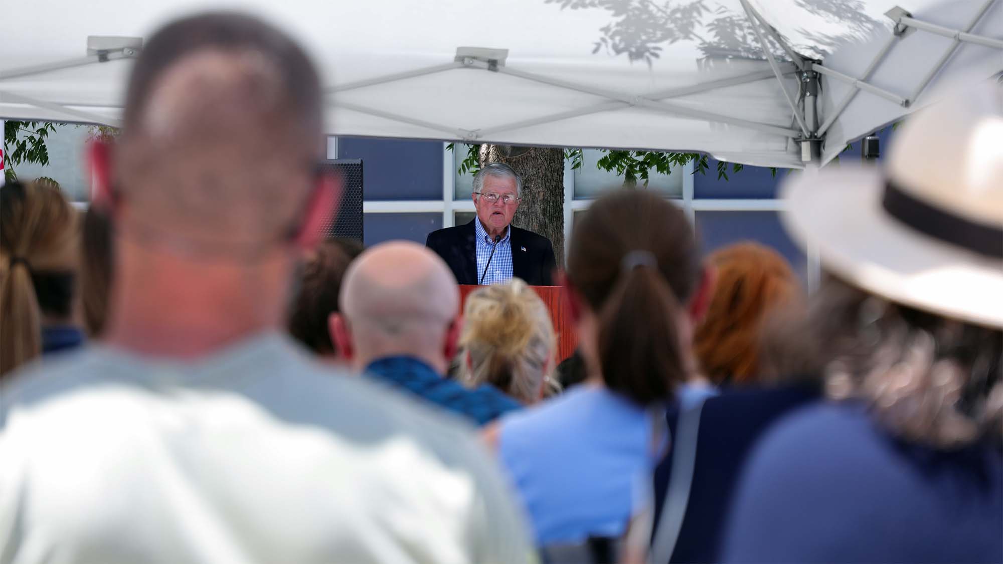 Arthur B. Dublin speaks to large crowd