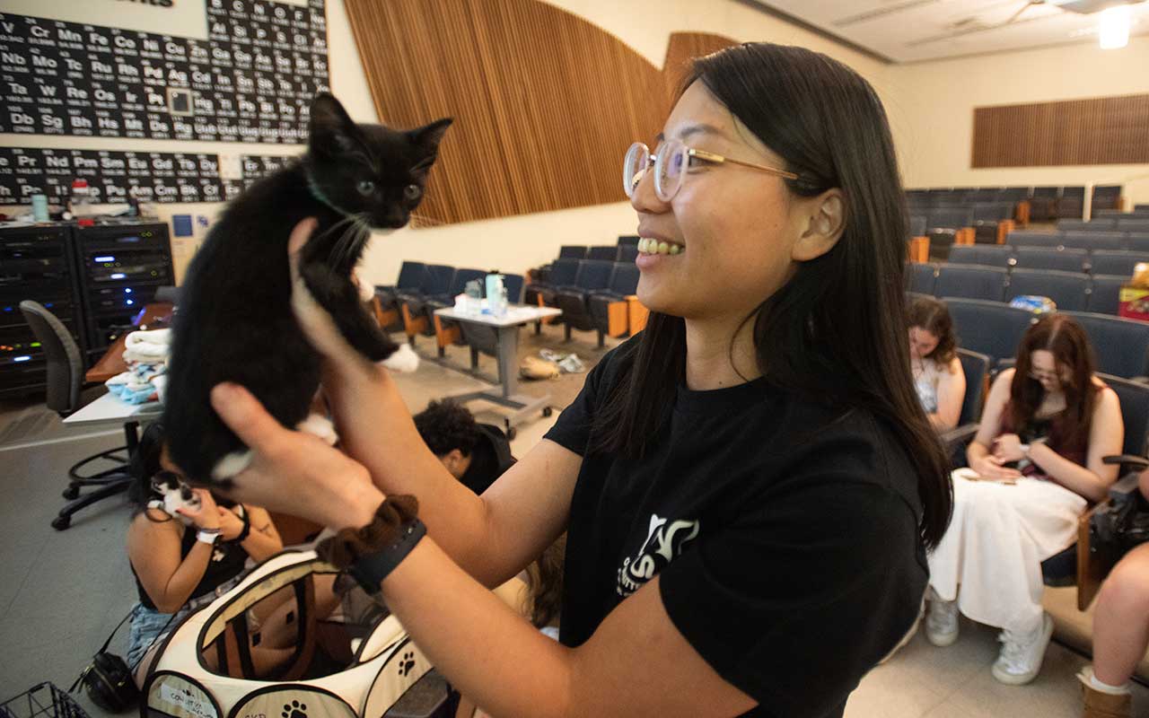 A woman wearing glasses and a black short holds up a small black and white kitten. They are in a chemistry lecture hall, and other people in the background are seated and holding kittens.