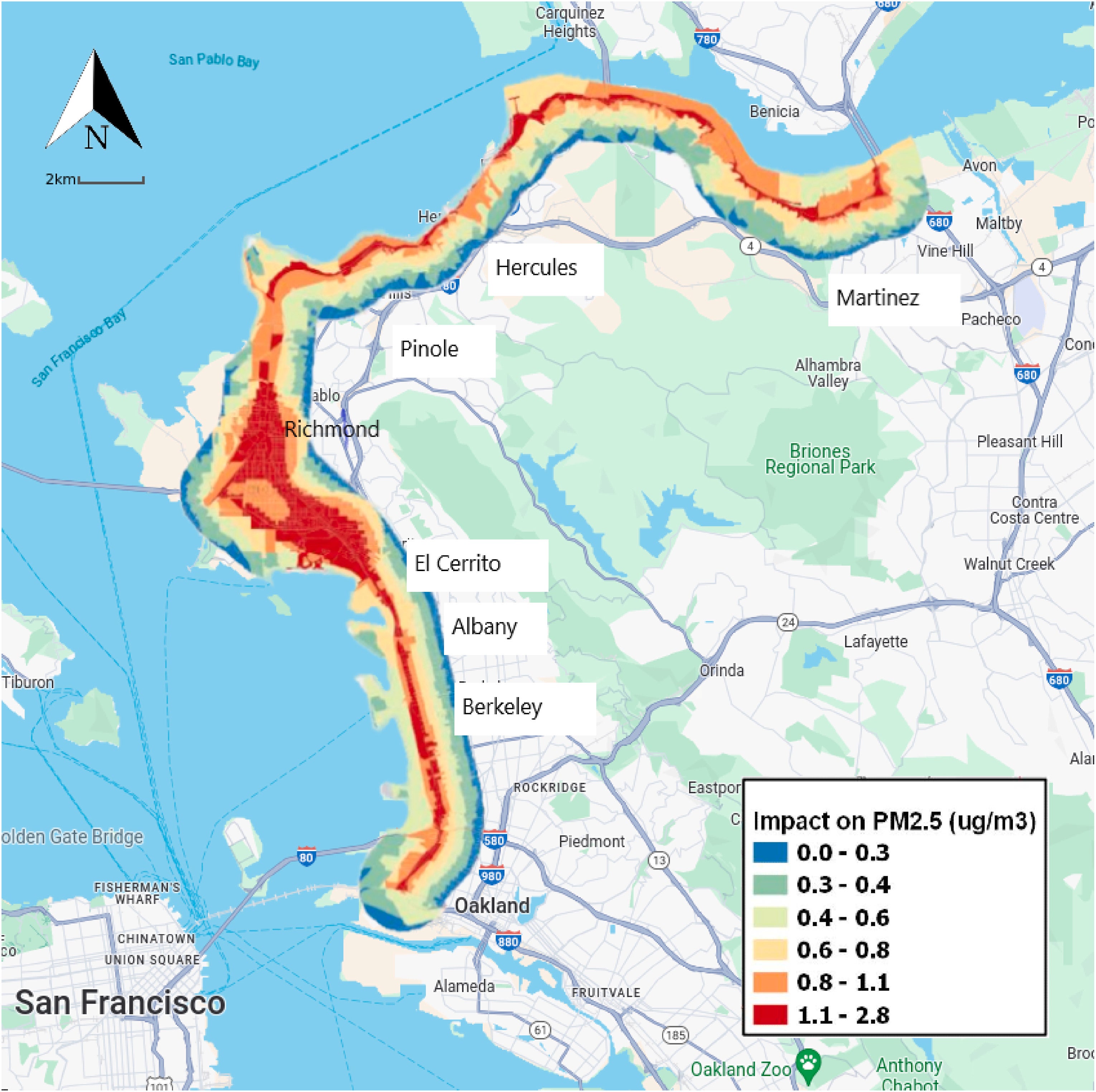 Map of San Francisco Bay Area showing PM2.5 pollution associated with increases in coal train pollution 