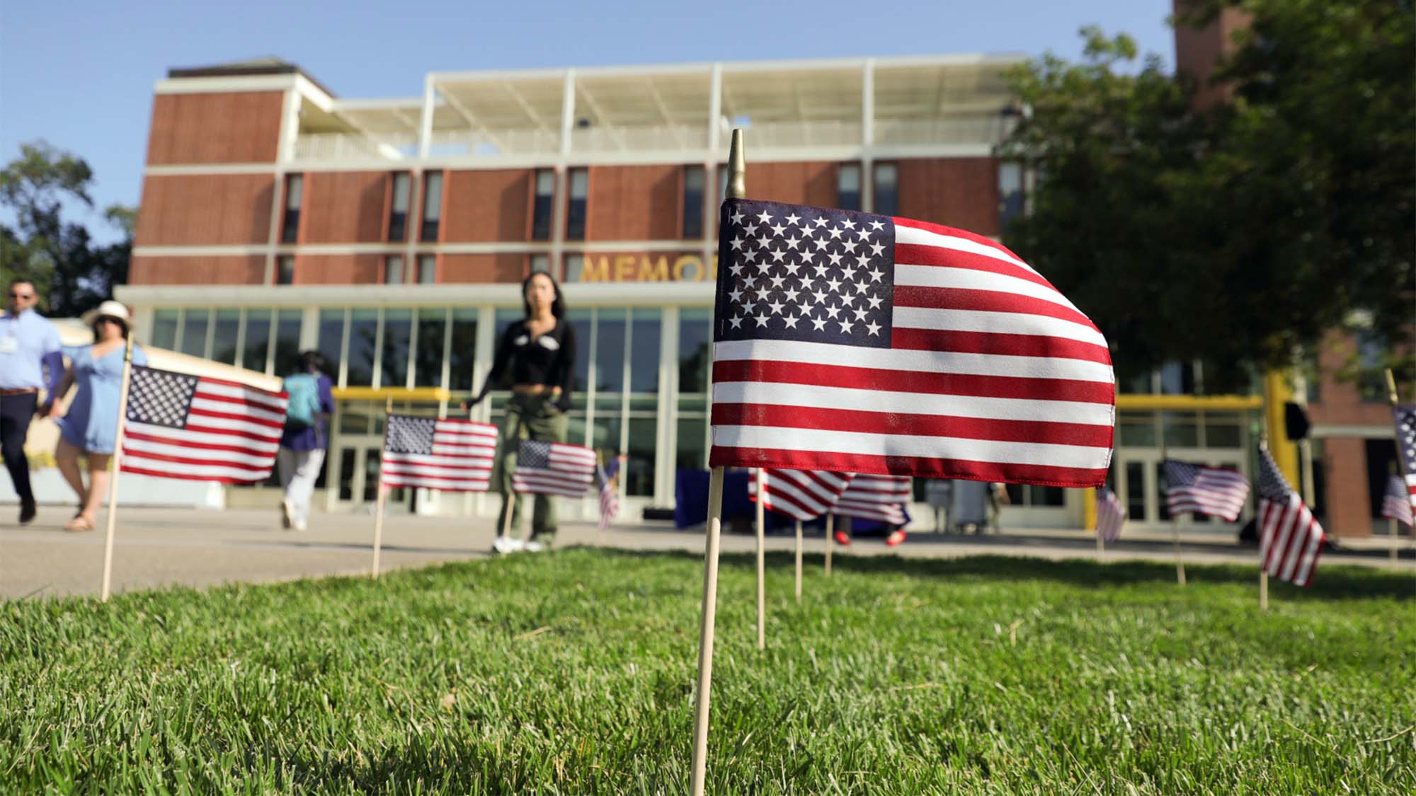 American flags are on display outside of the Memorial Union