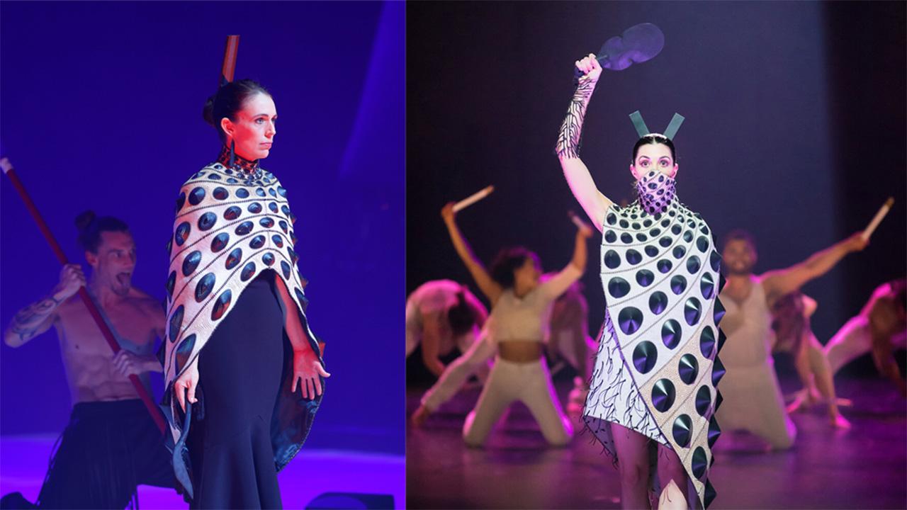 Former Prime Minister of New Zealand Jacinda Ardern modeling apparel by Dylan Mulder at World of WearableArt (WOW) in 2022 (left). A piece from the 2019 WOW show, also by Mulder (right).
