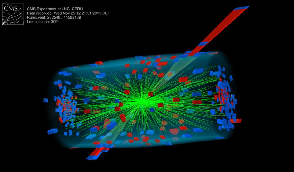 picture of heavy ion experiment, collision lines 