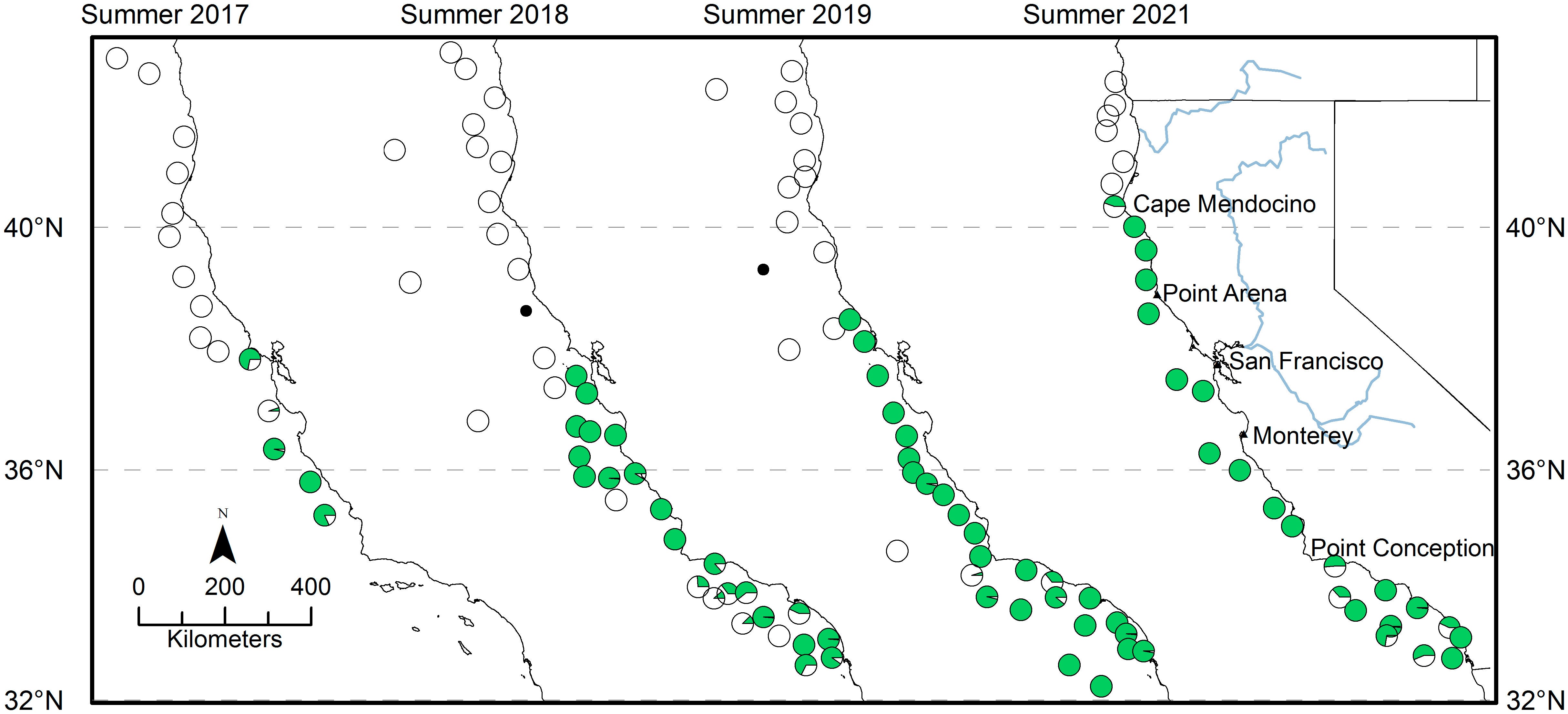 Scientific figure of California coastline with green dots representing northern anchovies collected from trawl gear