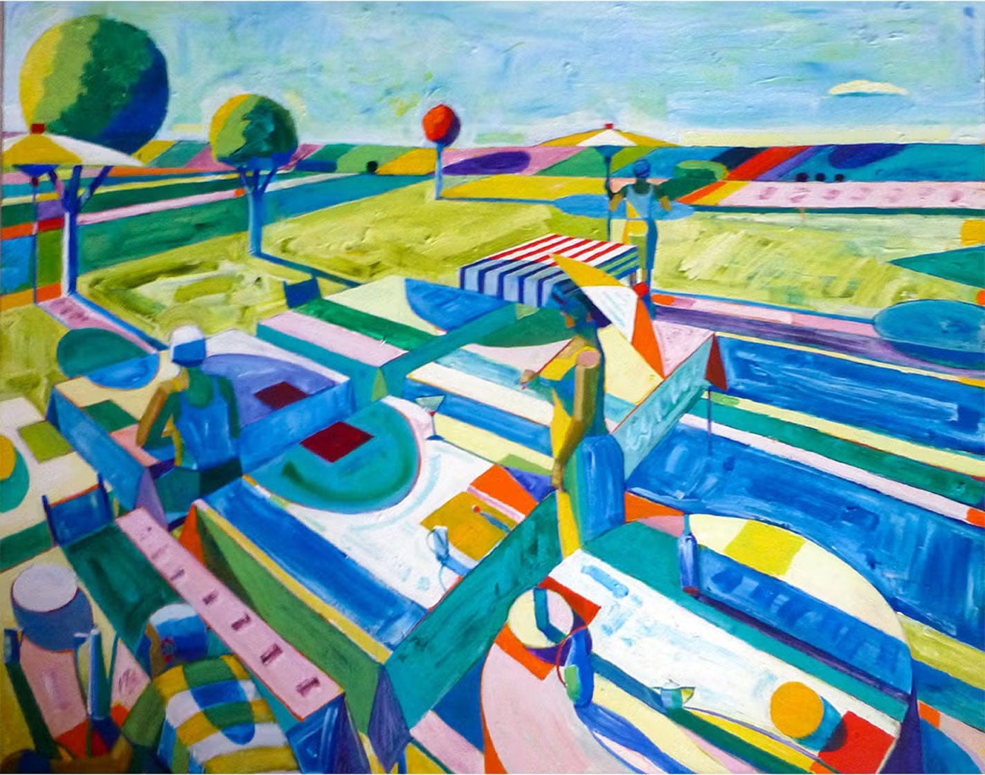 Vibrant abstract painting of a colorful outdoor landscape with geometric patterns and figures.
