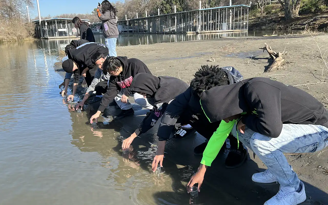 A large group of high school students line up along the shore of a body of water, all dipping plastic cups into the water.