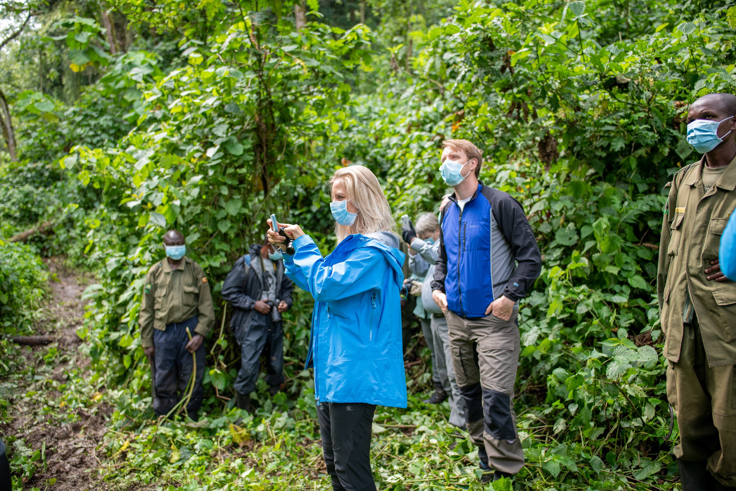 Tourists wearing masks watch gorillas (not seen) in Rwanda's Volcanoes National Park 