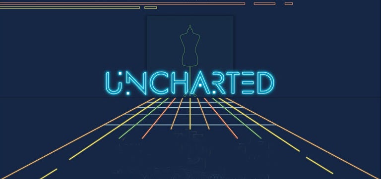 Fashion Show logo: "Uncharted" over runway made of multicolored lines