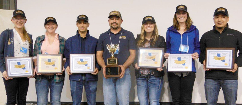  Meat Lab team, holding plaques, posed