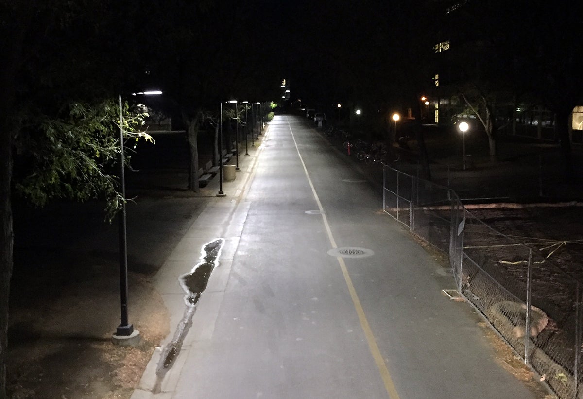 Storer Mall is lit up at night.